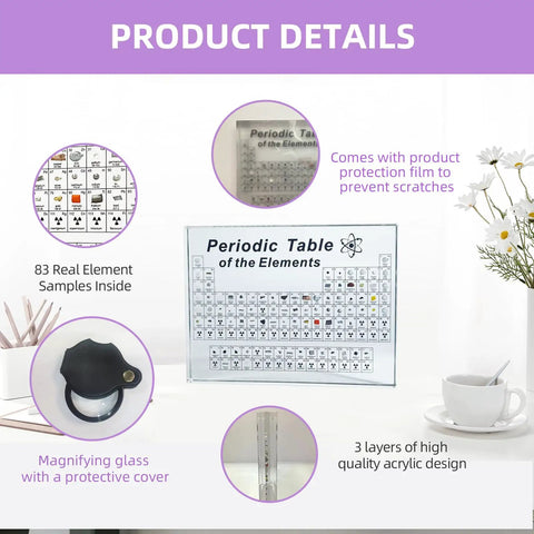 Product details of Real Element Samples Inside 83 Elements Hands-On Interactive Periodic Table Kit With Magnifying Glass shown.