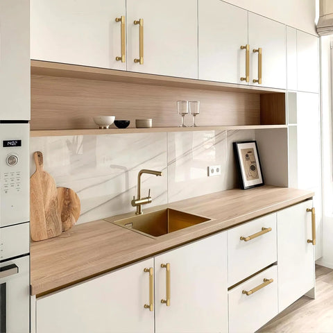 Modern kitchen with 10 Pack Champagne Bronze Knurled Cabinet Pulls, 5 Inch 128mm on white cabinets, featuring a sleek, stylish design.