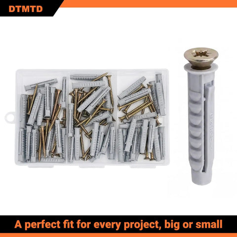Pro Grade 100 Piece M8x40 Plastic Expansion Anchors and Self Tapping Screws Kit for Beefy Heavy Duty Concrete Brick
