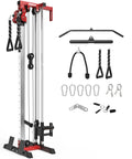 Wall Mount Cable Crossover Machine with dual pulleys, 19 adjustable positions in red, space saving for home gym fitness equipment.