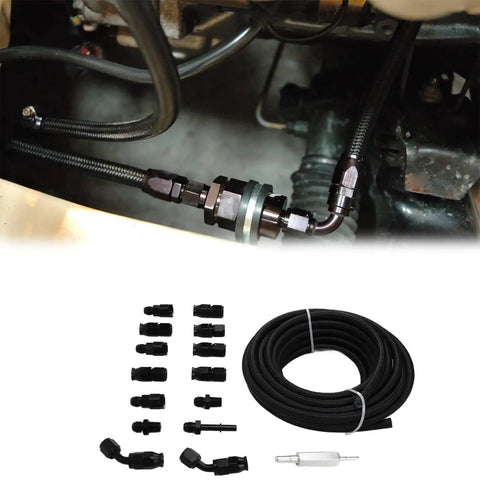 Kickin It With 6AN 3/8 Fuel Line Fitting Kit Using Flexible PTFE Nylon Hose For LS Swap EFI Systems That Are Totally Leak-Proof And Have 15 Connectors. Installed PTFE hose with black fittings