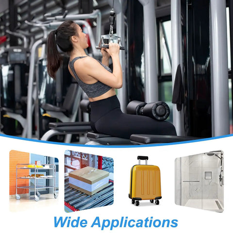 Nylon Ball Bearing Guide Pulley Kit 4 Pack used in gym equipment, featuring applications like carts, conveyors, luggage, and showers.