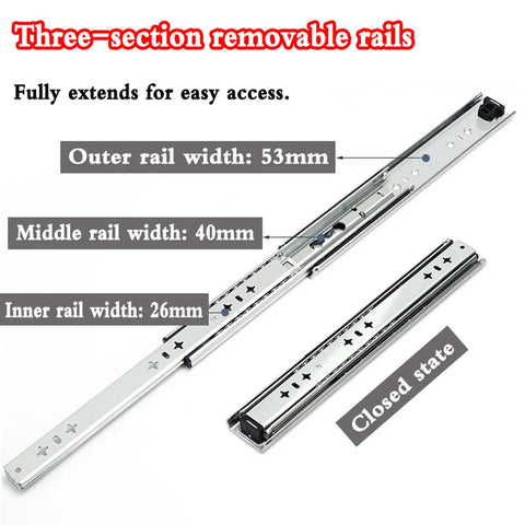Top Shelf Heavy Duty Drawer Slides For Dining Tables And Cabinets Full Extension Runner Rails showing three-section removable rails.