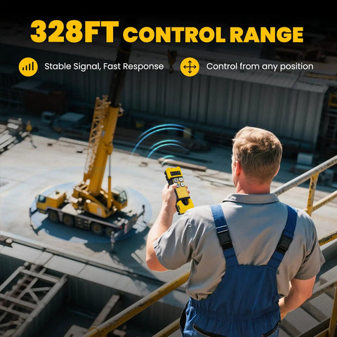 Operator using Crane Remote Control 12V 4 Button Wireless Hoist Controller for industrial cranes on a rooftop, yellow device visible.