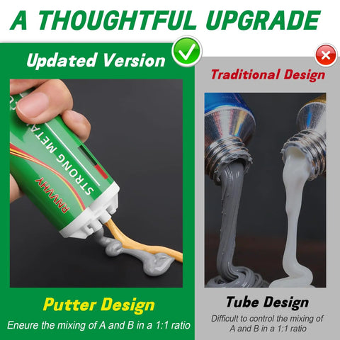 Comparison of updated and traditional metal epoxy adhesive designs showing improved putter design for mixing A and B in 1:1 ratio.
