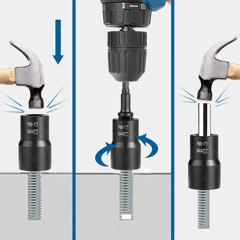 Lug Nut Removal Kit 13 Piece Bolt Extractor Set Half Inch Drive Easy Out demonstrating extraction on bolts with hammer and drill