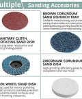 Multiple sanding accessories including brown corundum, sanitary cloth, zirconium corundum, and wool wheel sand dishes.