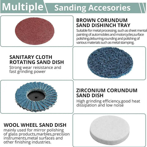 Multiple sanding accessories including brown corundum, sanitary cloth, zirconium corundum, and wool wheel sand dishes.