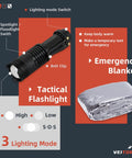 Tactical flashlight and emergency blanket, part of the 12 In 1 Survival Gear Kit For Outdoorsy Dads And Guys Gift Set Perfect For Fathers Day Fishing Hunting Camping And Adventure Enthusiasts Birthday Gift For Him