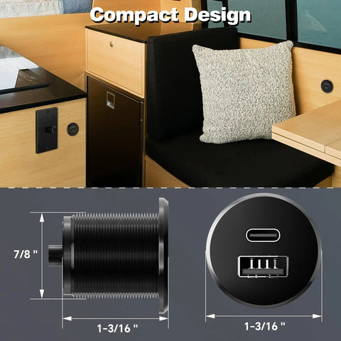 Road Ready 24W USB C Car Charger Featuring Slick Aluminum Housing And Snappy PD 3.0 Plus QC 3.0 Fast Charging For RVs Trucks And Sedans Dash Outlet Plug And Play Power Hub in compact design next to seating area.