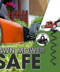 Close-up of lawn mower next to spiral stake with lawn mower safe feature highlighted.