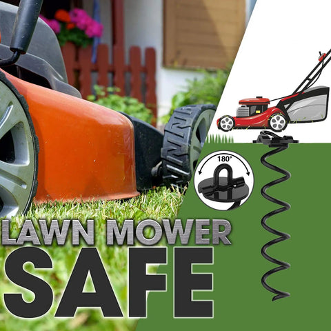 Close-up of lawn mower next to spiral stake with lawn mower safe feature highlighted.