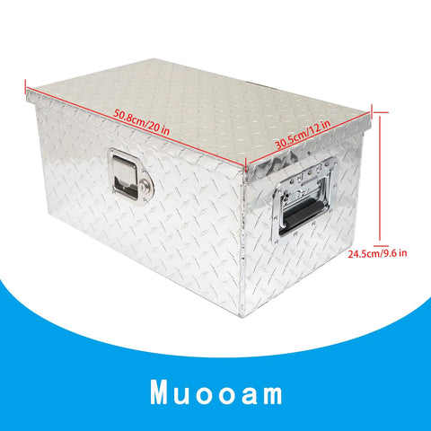 Badass Heavy Duty Twenty Inch Aluminum Diamond Plate Tool Box With Rock Solid Sealed Locks And Grippy Side Handles For Pickup Truck Bed Storage, side view showing dimensions.