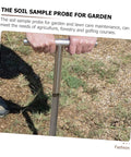 Hands using Ergonomic Stainless Steel Soil Probe Sampler for garden and lawn care easy soil testing on grassy lawn.