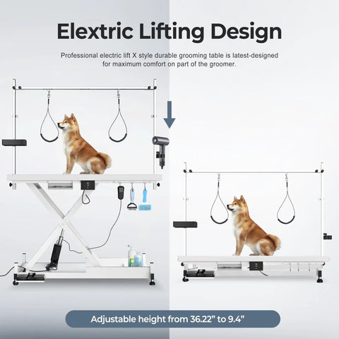 Heavy Duty Electric Dog Grooming Table With Smooth Operator Foot Pedal And Kickass Sturdy X Frame For Easy Height Adjustments And No Sweat Pet Styling In White with adjustable height from 36.22" to 9.4".