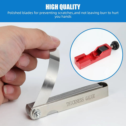 Dope Spark Plug Gap Tool With 32 Blade Steel Feeler Gauge for precise gaps, universal 10mm to 16mm spark plugs, red handle.