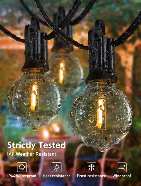 Close-up of wet IP65 G40 LED globe bulb in 2 Pack 25Ft Outdoor Globe String Lights With 12 Plus 1 LED G40 Plastic Shatterproof Bulbs Waterproof