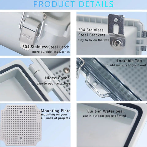 Product details showing 304 stainless steel latch and brackets of Bulletproof IP67 Junction Box In Heavy Duty ABS Plastic.