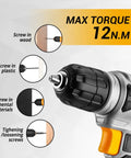 Close-up of drill from 126 Piece DIY Tool Kit With 8V Cordless Drill, Handy Tool Box Set showing torque and screw compatibility.