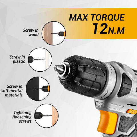 Close-up of drill from 126 Piece DIY Tool Kit With 8V Cordless Drill, Handy Tool Box Set showing torque and screw compatibility.
