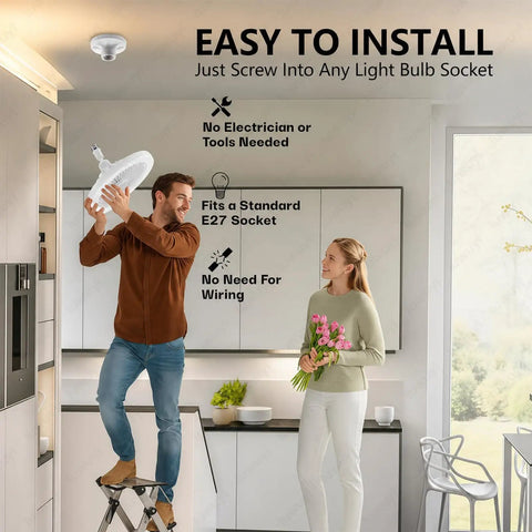 Man installing Ceiling Fan With Light And Remote, 2800 Lumens LED Light Bulb Fan in kitchen setting
