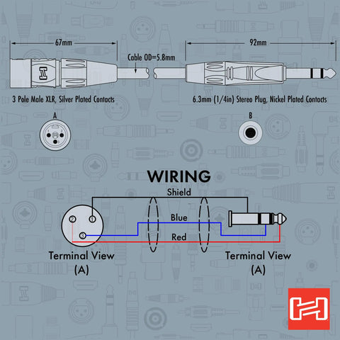 Pro Grade Balanced One Quarter Inch TRS to XLR3M Interconnect Cable With REAN Connectors, Five Foot Length, Road Ready for Stage Rig and Studio Gear, High Quality Audio Link wiring diagram with XLR and 1/4 in plugs