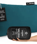 Memory Foam Travel Pillow For Planes And Cars Ultra Compact Easy Carry Micro Suede Neck Support for Adults in teal color with packaging