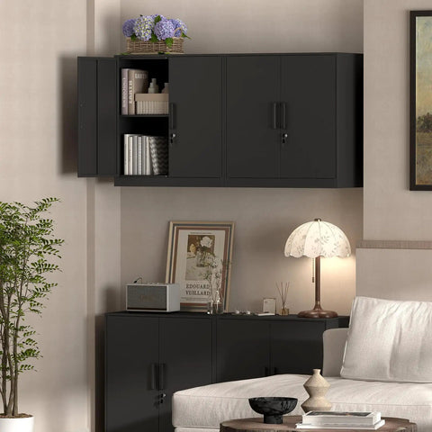 Metal Wall Cabinet With Lockable Doors above a couch, showing open shelves with books in a living room setting, black.