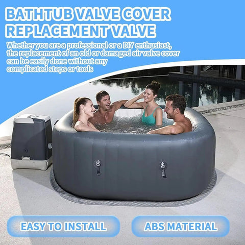 Adults enjoying hot tub with One Way Air Valve Cap for Inflatable Spas and Hot Tubs, ABS replacement, easy to install.