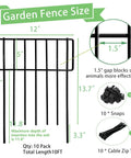 Diagram showing 10 Pack No Dig Animal Barrier Fence For Gardens And Yards Rustproof Metal Bottom Blocker, 17in high, 12in wide, with snaps and cable ties.