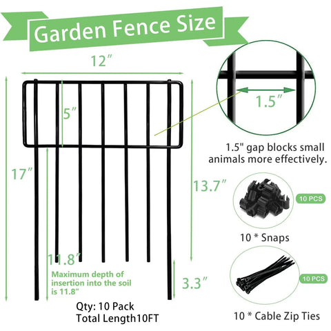 Diagram showing 10 Pack No Dig Animal Barrier Fence For Gardens And Yards Rustproof Metal Bottom Blocker, 17in high, 12in wide, with snaps and cable ties.