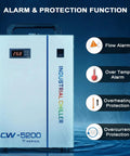Heavy Duty Workhorse Water Chiller Featuring Seven Liter Tank And Point Nine Horsepower Pump Delivering Bulletproof Five Thousand Six Hundred Ninety Nine BTU Per Hour Cooling For Up To One Fifty Watt Co2 Laser Machines with alarm functions.