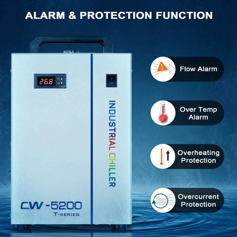 Heavy Duty Workhorse Water Chiller Featuring Seven Liter Tank And Point Nine Horsepower Pump Delivering Bulletproof Five Thousand Six Hundred Ninety Nine BTU Per Hour Cooling For Up To One Fifty Watt Co2 Laser Machines with alarm functions.