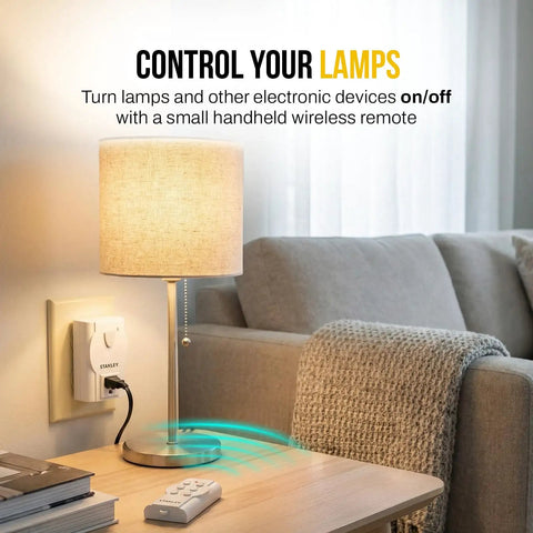 Lamp controlled by 3 Pack Wireless Remote Control Outlet System For Indoor Use With 3 Grounded Outlets And One Remote, 100ft Range, 125V 15A ETL Listed.