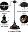 Matte Black Industrial Farmhouse Pendant Lights 3 Pack With Adjustable Rope Hangs showing lamp holder and canopy details