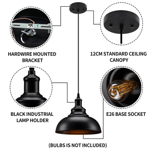 Matte Black Industrial Farmhouse Pendant Lights 3 Pack With Adjustable Rope Hangs showing lamp holder and canopy details