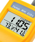 Close-up view of display on Must Have Handheld CO2 Meter With Alarm 0 To 9999ppm Carbon Dioxide Detector Temperature And Humidity Readouts NDIR Sensor Air Quality Monitor For Home Office Classroom And Travel.