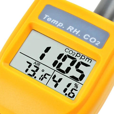 Close-up view of display on Must Have Handheld CO2 Meter With Alarm 0 To 9999ppm Carbon Dioxide Detector Temperature And Humidity Readouts NDIR Sensor Air Quality Monitor For Home Office Classroom And Travel.
