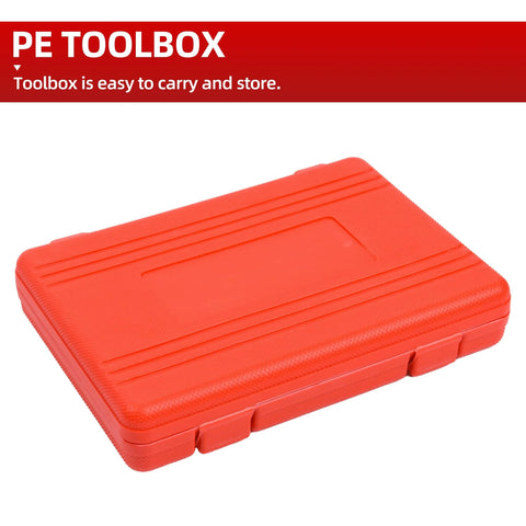 Red plastic toolbox case with ridged lid and side latches.