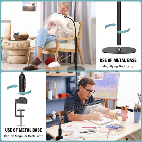 Real Glass 12X Magnifying Floor Lamp With Light And Stand Hands Free Three In One Flexible Gooseneck Magnifier Five Color Modes Stepless Dimmable LED For Close Work Reading Hobby Projects used in crafting and reading scenes.