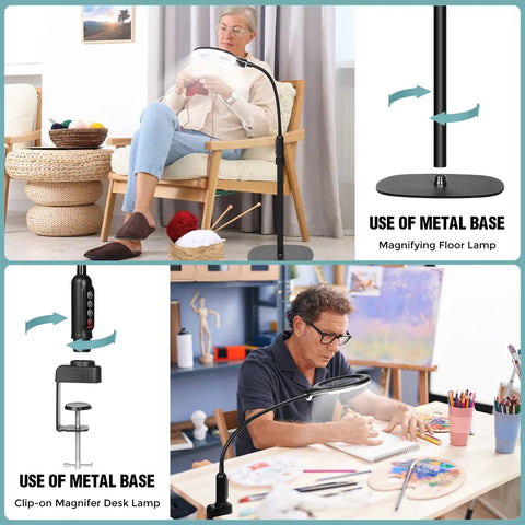 10X Magnifying Glass With Light Floor Lamp LED Flexible Gooseneck Magnifier for reading and crafting, elderly woman sewing, artist drawing