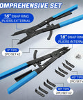 Heavy Duty 16 Inch Snap Ring Plier Set With Internal And External Circlip Pliers Straight And Angled Jaws Includes Four Quick Change Tips Two 45 Degree And Two 90 Degree For Easy Install And Removal Of Snap Rings displayed with tools and tips