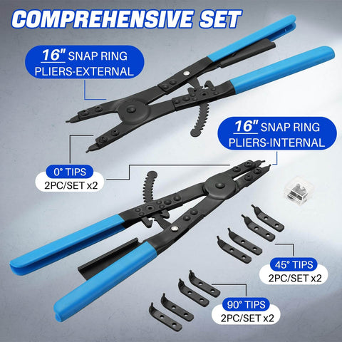 Heavy Duty 16 Inch Snap Ring Plier Set With Internal And External Circlip Pliers Straight And Angled Jaws Includes Four Quick Change Tips Two 45 Degree And Two 90 Degree For Easy Install And Removal Of Snap Rings displayed with tools and tips