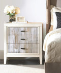 Close-up of nightstand with White Distressed Wood Peel And Stick Wallpaper Easy No Mess No Paste Install for Quick DIY Makeover.