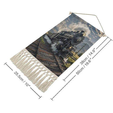 Steam Locomotive Train Hanging Poster With Beech Wood Frame, Cotton Linen Wall Art, Vintage Tassel Tapestry dimensions shown
