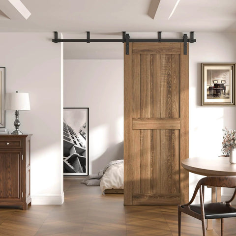 Installed 7 Foot Ceiling Mount Sliding Barn Door Hardware Kit Black Heavy Duty Steel Roller Hanger L Shape Bracket System For Low Ceiling Fits 42 Inch Wide Single Door Stable Quiet Smooth Operation in modern room setting.