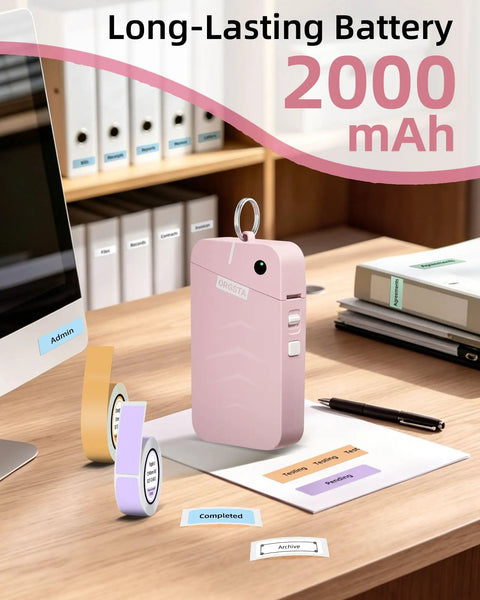 Slick Portable Bluetooth Label Maker With Wireless Tape, Compact Handheld Sticker Printer For Quick Adhesive Labels, Dope Pocket Sized Smart Thermal Device That Prints Crisp Labels No Cap on a desk with adhesive labels.