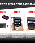 How to refill your Premium Self Inking Date Stamp With Blue And Red Ink Perfect For Received Docs in three steps.