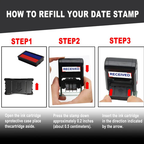 How to refill your Premium Self Inking Date Stamp With Blue And Red Ink Perfect For Received Docs in three steps.