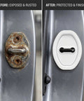 Comparison of car door latch before and after installation of Pack Of Four White Silicone Car Door Latch Covers Quiets Your Whip With Rubber Striker Pads Self Adhesive Anti Rust Guards For Smooth Daily Driver Vibes.